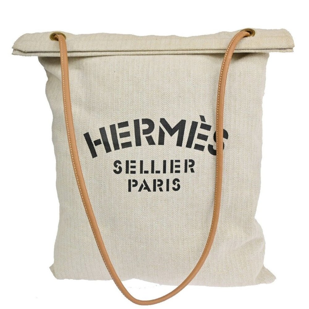 Herme's logo aline shoulder bag cotton leather beige brown GM unisex